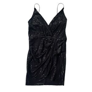 Double Crazy Women’s L Black Sequin Surplice Neck Draped Asymmetrical Cami Dress